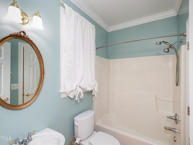 full bathroom featuring toilet, sink, shower / bath combination with curtain, and ornamental molding