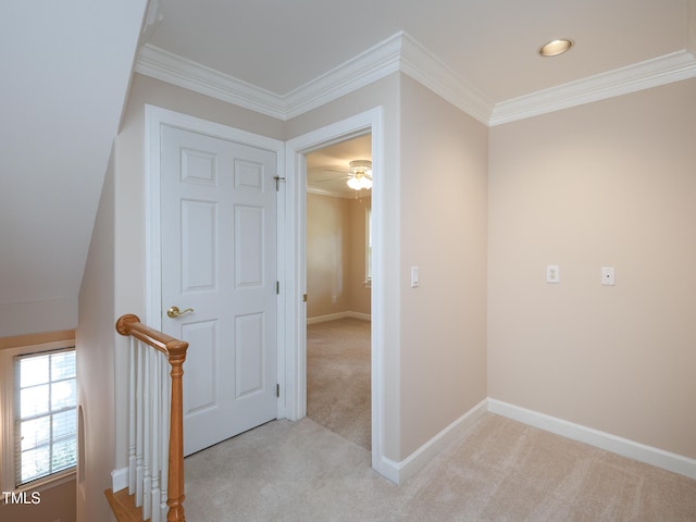 corridor featuring light carpet and ornamental molding