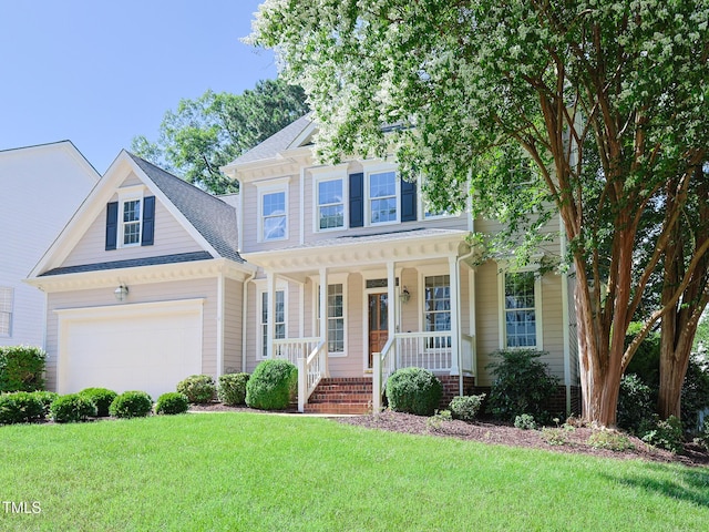 102 Preston Pines Dr, Cary, NC 27513 - view of front facade featuring covered porch, a garage, a front yard, and roof with shingles