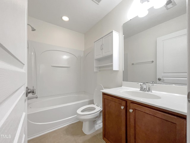 full bathroom with tile patterned floors, toilet, vanity, and washtub / shower combination