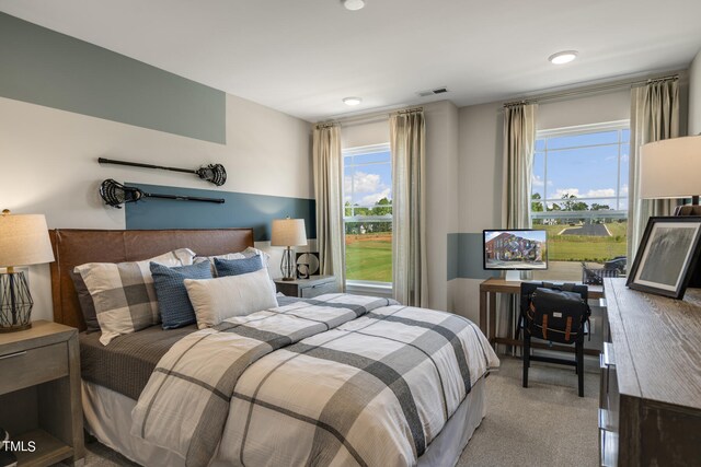 carpeted bedroom featuring multiple windows