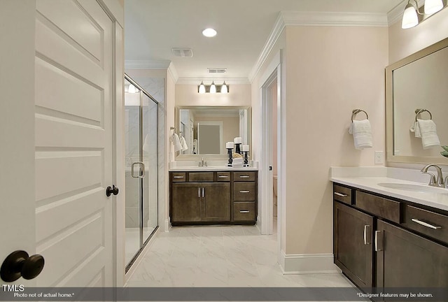 bathroom featuring vanity, crown molding, and walk in shower