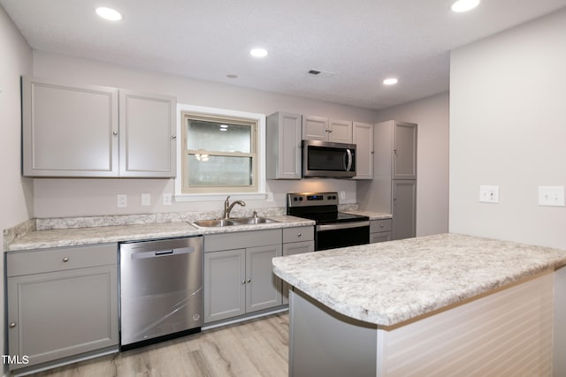 kitchen with gray cabinetry, kitchen peninsula, sink, and stainless steel appliances