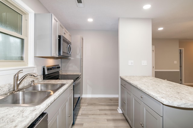 kitchen with appliances with stainless steel finishes, light hardwood / wood-style floors, and sink