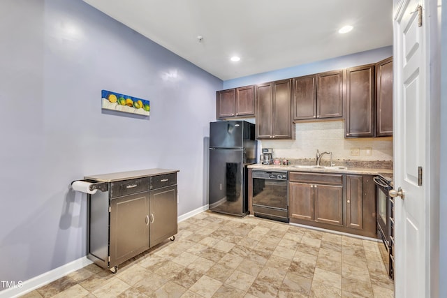 kitchen featuring black appliances, dark brown cabinetry, sink, and tasteful backsplash