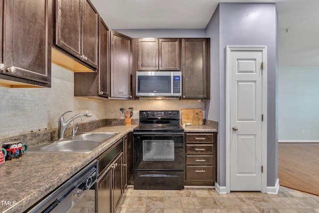 kitchen with appliances with stainless steel finishes, light wood-type flooring, backsplash, dark brown cabinetry, and sink