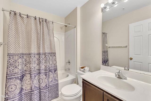 full bathroom with vanity, shower / bath combination with curtain, and toilet