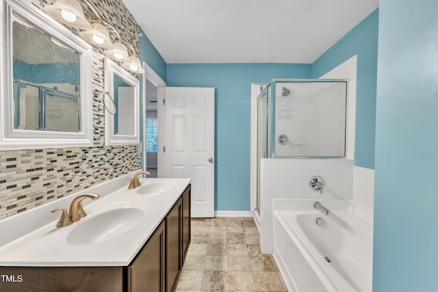 bathroom featuring vanity and plus walk in shower