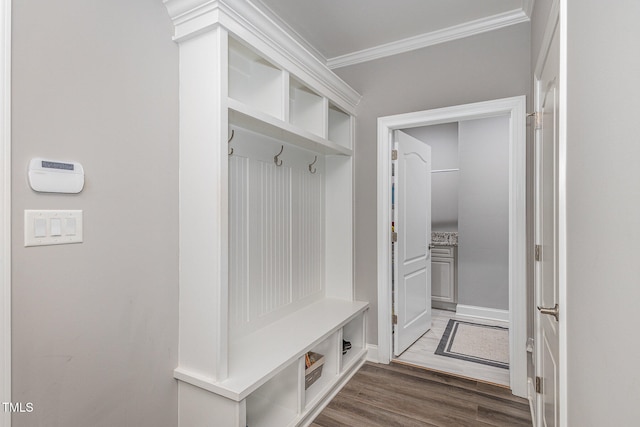 mudroom featuring dark hardwood / wood-style floors and crown molding