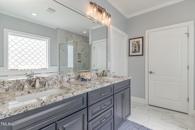 bathroom featuring walk in shower, vanity, and crown molding