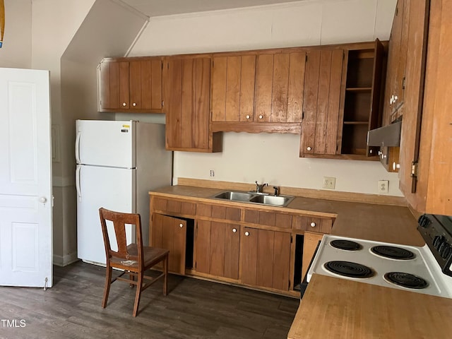 kitchen featuring white appliances, sink, and dark hardwood / wood-style floors