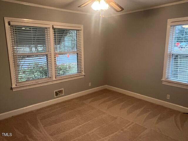 spare room featuring carpet flooring, crown molding, and baseboards