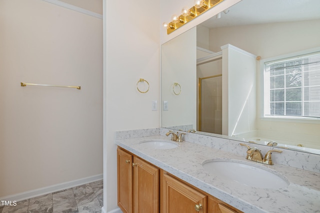 bathroom with vanity, independent shower and bath, and lofted ceiling