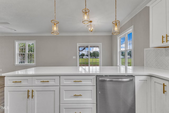 kitchen with decorative backsplash, stainless steel dishwasher, ornamental molding, and white cabinets