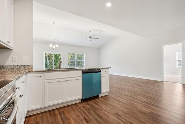 kitchen featuring a sink, white cabinetry, dishwasher, and lofted ceiling