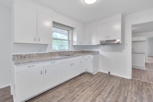 kitchen with light stone counters, sink, hardwood / wood-style floors, and white cabinetry