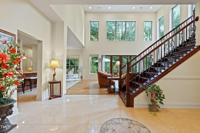 foyer with plenty of natural light and a high ceiling