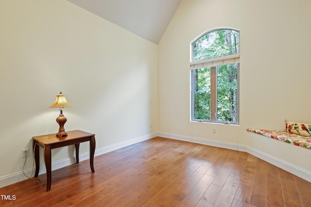 empty room featuring high vaulted ceiling and hardwood / wood-style flooring