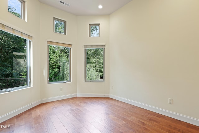 spare room featuring a towering ceiling, light hardwood / wood-style floors, and a healthy amount of sunlight