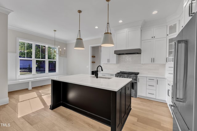 kitchen featuring crown molding, under cabinet range hood, light countertops, a sink, and high quality appliances