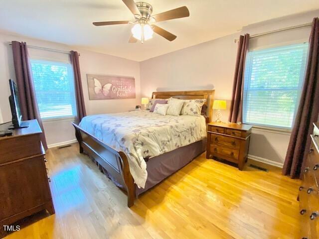 bedroom featuring ceiling fan and light hardwood / wood-style flooring