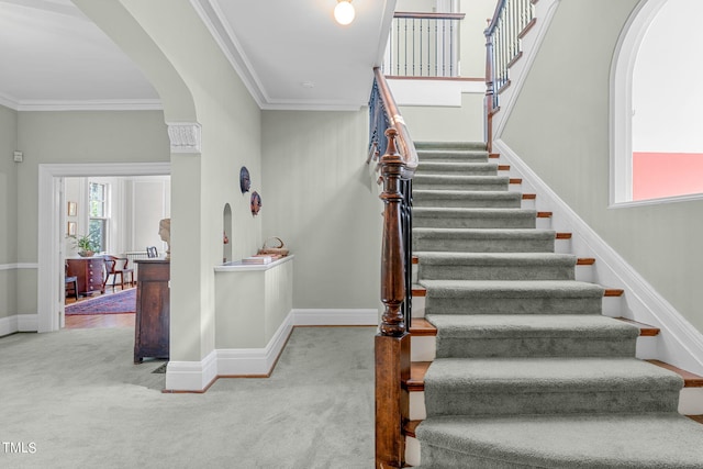 stairs featuring ornamental molding and carpet flooring