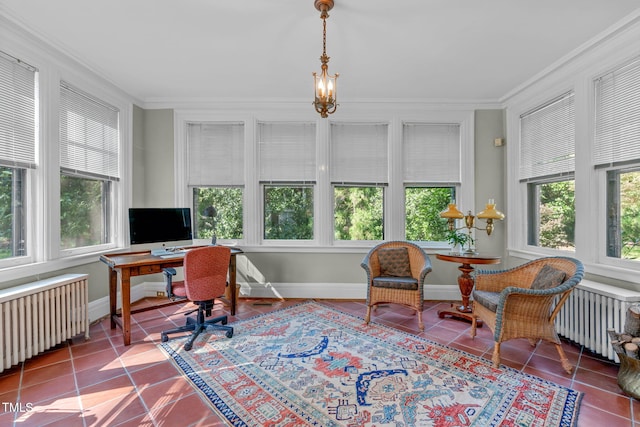 office space with tile patterned floors, crown molding, and radiator