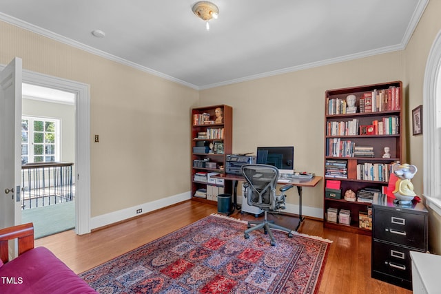 office area featuring crown molding and wood-type flooring