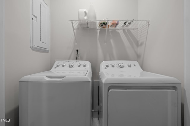 washroom featuring washer and clothes dryer and electric panel