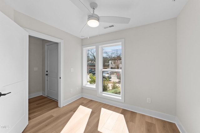 empty room featuring ceiling fan and light hardwood / wood-style floors