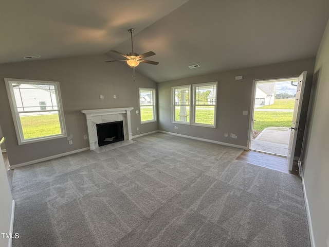 95 Grace Ridge Ct, Benson, NC 27504 - unfurnished living room featuring visible vents, carpet, a ceiling fan, baseboards, and vaulted ceiling