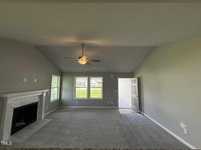 95 Grace Ridge Ct, Benson, NC 27504 - unfurnished living room with a fireplace, baseboards, ceiling fan, carpet, and vaulted ceiling