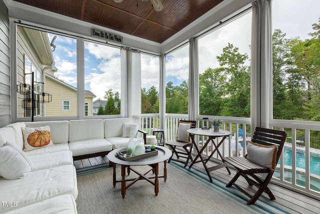 sunroom featuring wood ceiling and a healthy amount of sunlight