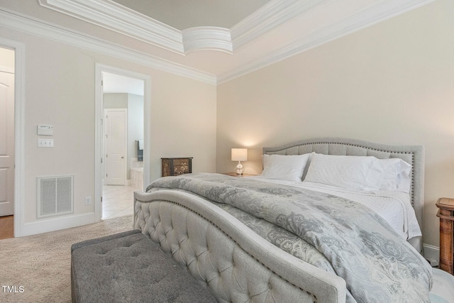 carpeted bedroom featuring crown molding