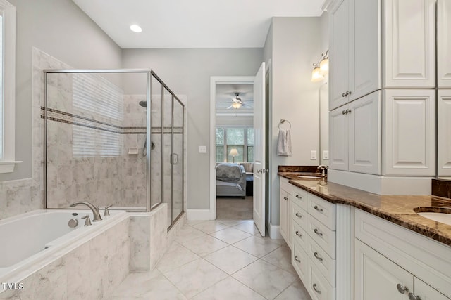 bathroom with vanity, ceiling fan, tile patterned floors, and separate shower and tub