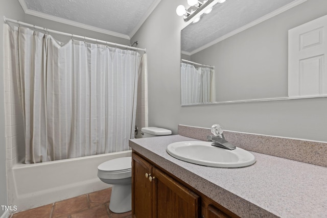 full bathroom featuring shower / bathtub combination with curtain, vanity, a textured ceiling, crown molding, and toilet