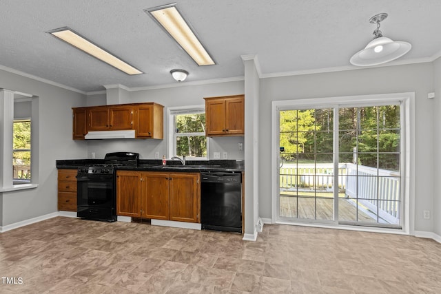 kitchen featuring a healthy amount of sunlight, black appliances, sink, and decorative light fixtures