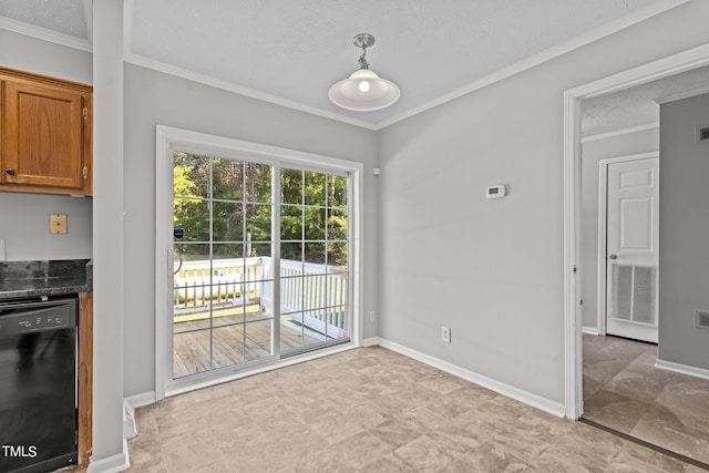 unfurnished dining area featuring a textured ceiling and crown molding