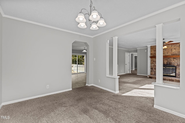 unfurnished living room featuring carpet floors, ceiling fan with notable chandelier, a stone fireplace, and ornamental molding