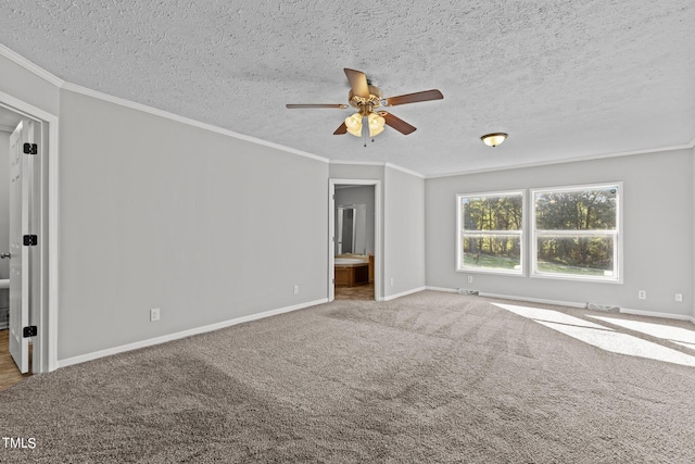 carpeted empty room featuring ceiling fan, a textured ceiling, and ornamental molding