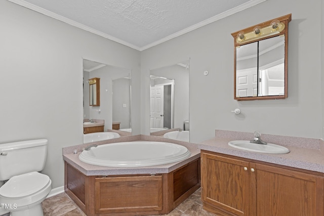 bathroom featuring vanity, a textured ceiling, crown molding, and toilet