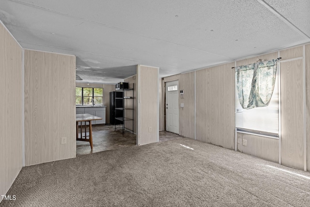 unfurnished living room with carpet floors, a textured ceiling, wooden walls, and sink