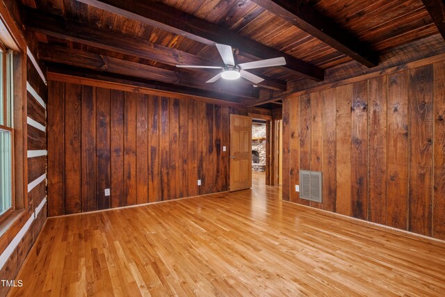 basement with plenty of natural light, light hardwood / wood-style flooring, wooden walls, and wood ceiling