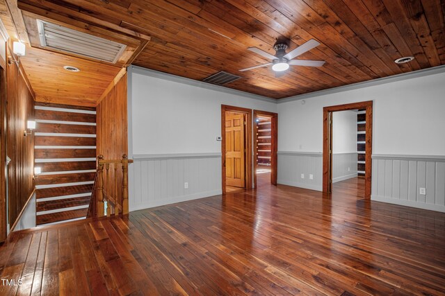 unfurnished room featuring ceiling fan, wooden ceiling, wood walls, dark hardwood / wood-style floors, and crown molding