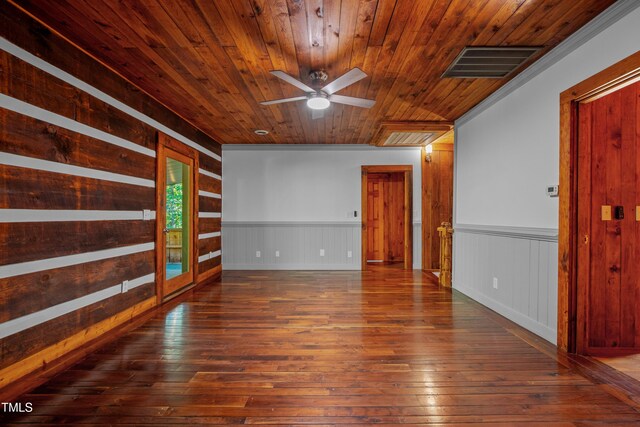 spare room with wood ceiling, ceiling fan, wooden walls, dark wood-type flooring, and crown molding