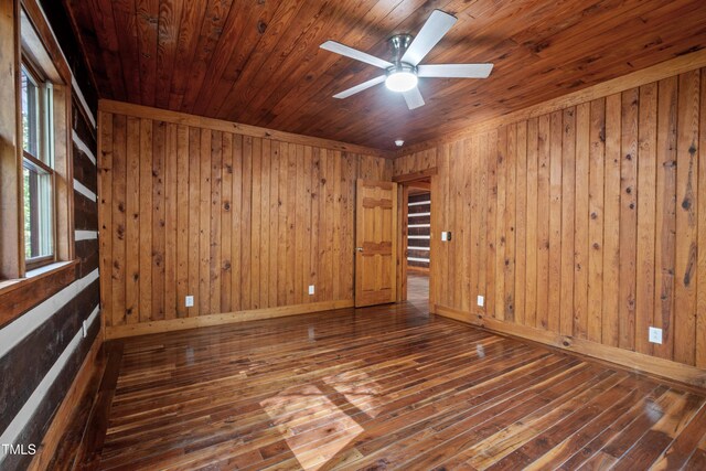 spare room featuring wood walls, dark hardwood / wood-style floors, wooden ceiling, and ceiling fan