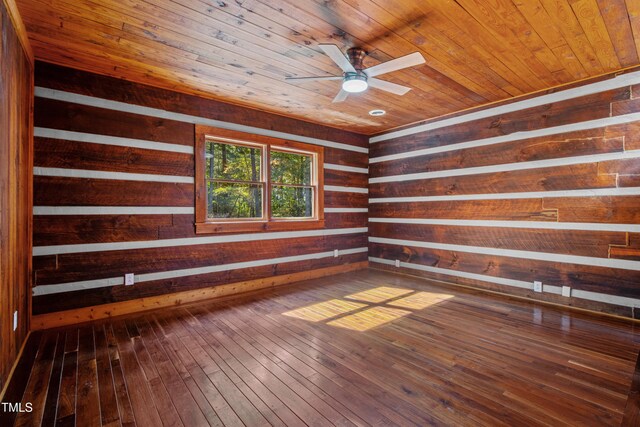 spare room with wood ceiling, wood walls, wood-type flooring, and ceiling fan