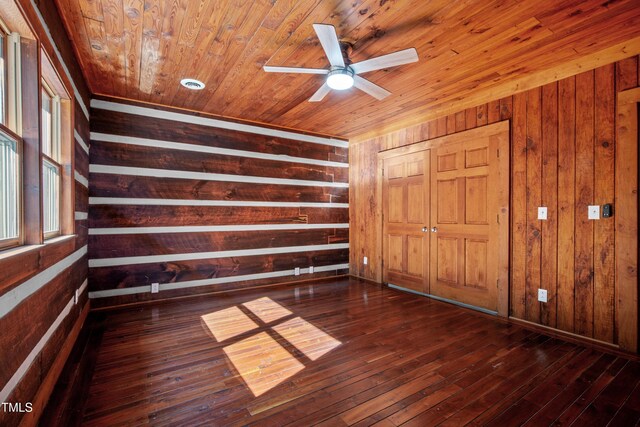 unfurnished bedroom featuring ceiling fan, dark hardwood / wood-style floors, wooden ceiling, and wood walls