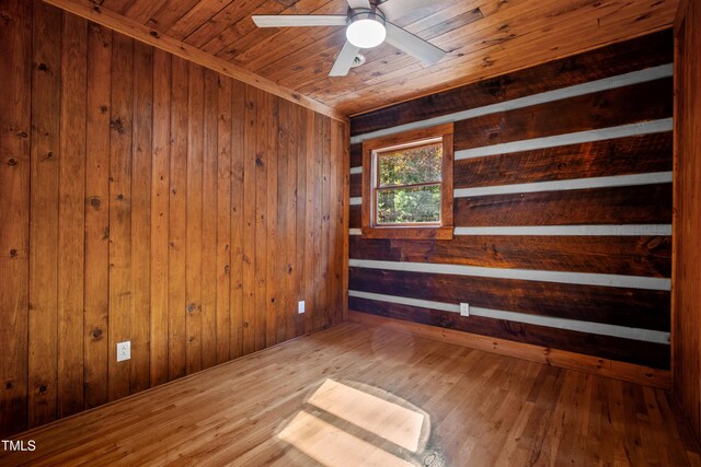 unfurnished room featuring hardwood / wood-style floors, ceiling fan, wooden ceiling, and wooden walls