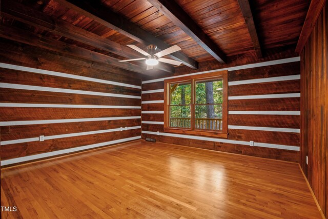 spare room featuring wood walls, wood ceiling, light hardwood / wood-style floors, ceiling fan, and beamed ceiling